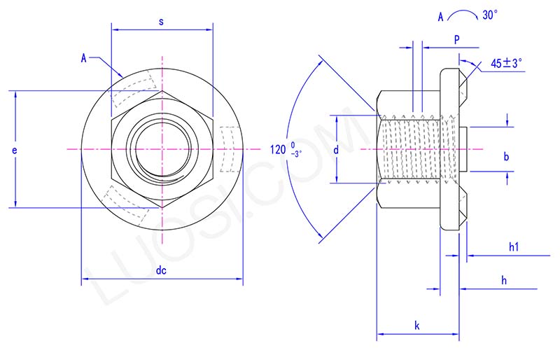 Weld hexagon nut with flange parameter Weld hexagon nut with flange parameter